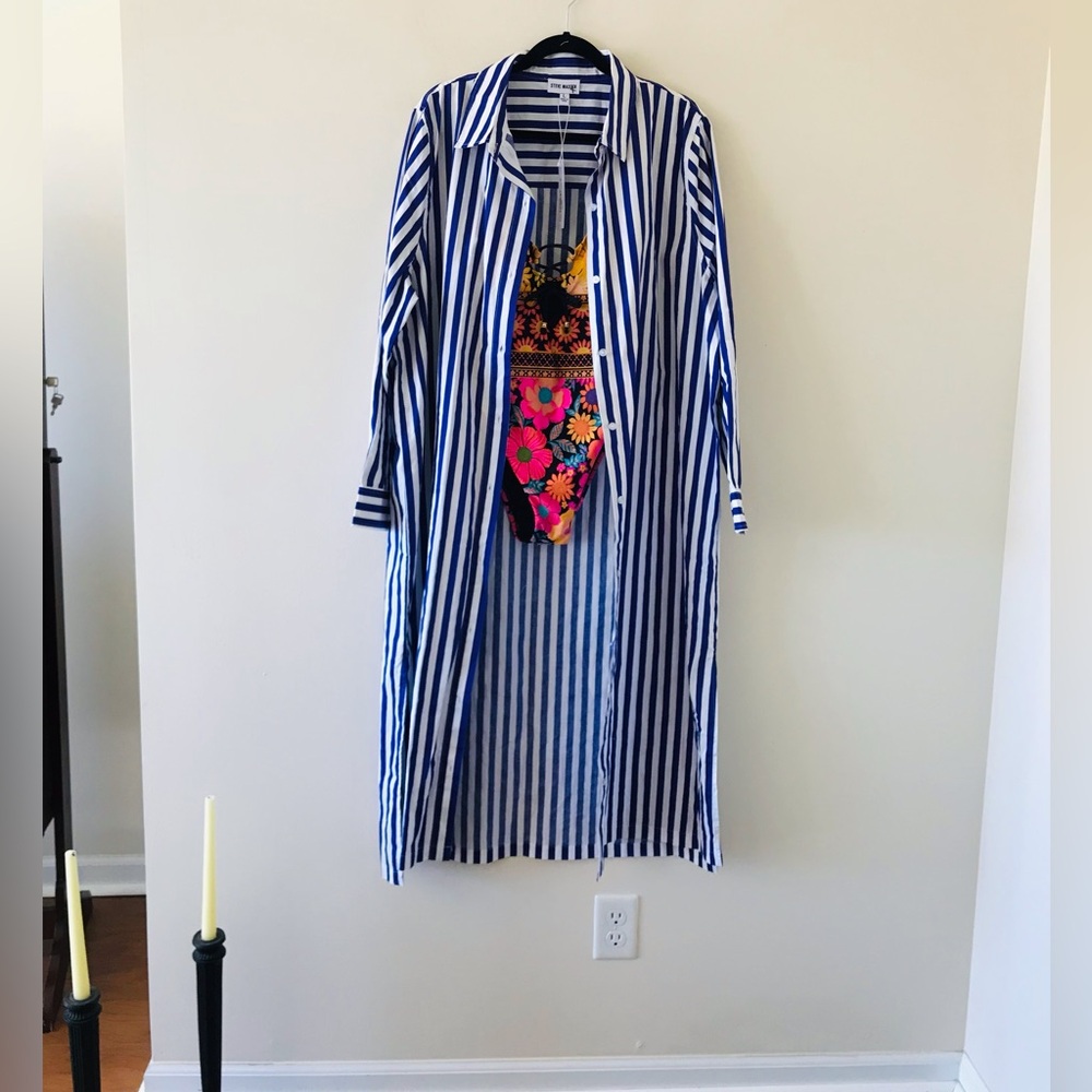 Steve Madden Striped Duster Long Sleeved Button Down Shirt Dress, NWT Size Large - Picture 2 of 14